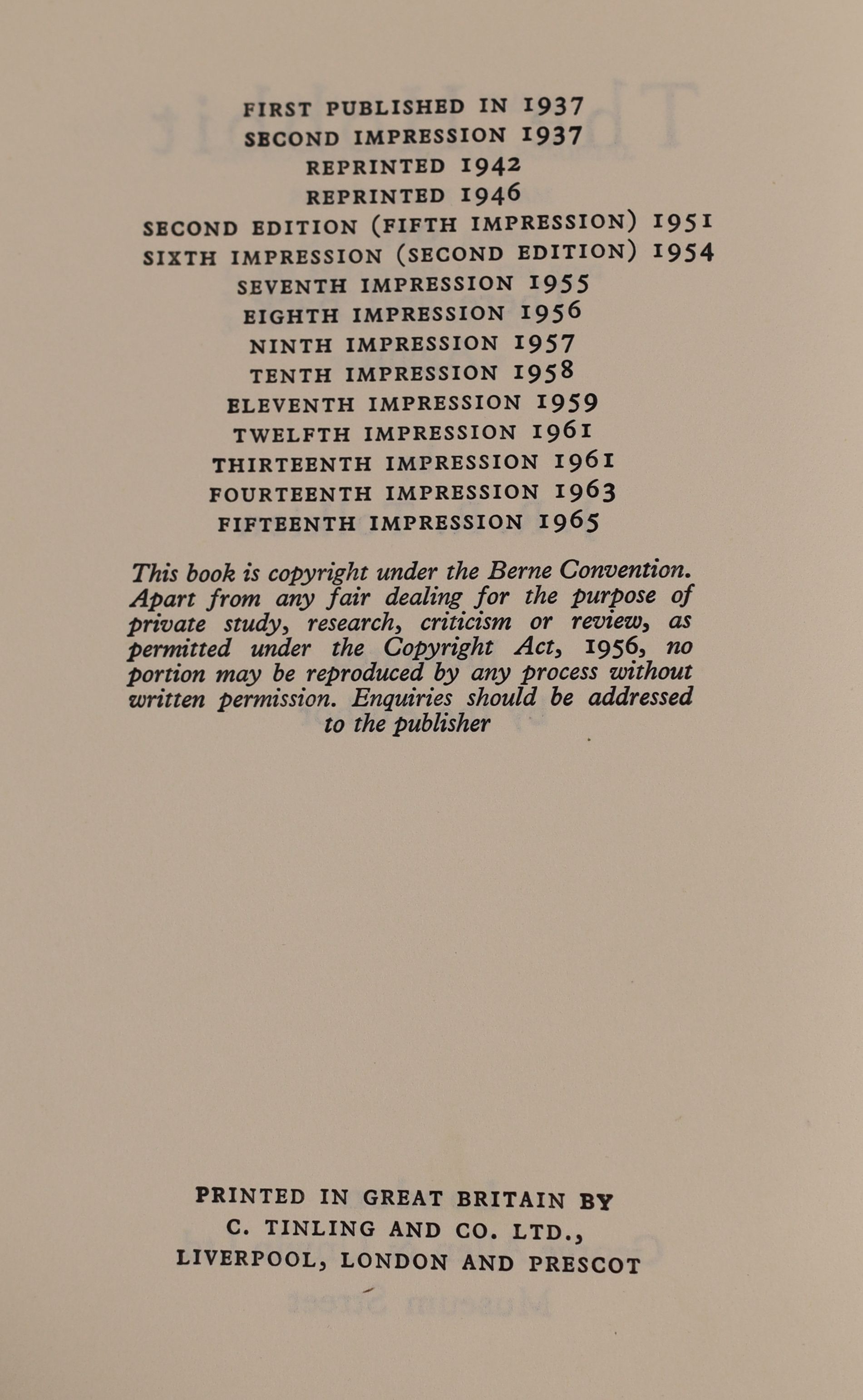 Tolkien, John Ronald Reuel - The Hobbit, 2nd edition, 15th impression, map endpapers, original green cloth in clipped d/j, with small tears and some loss, George Allen and Unwin, London, 1965